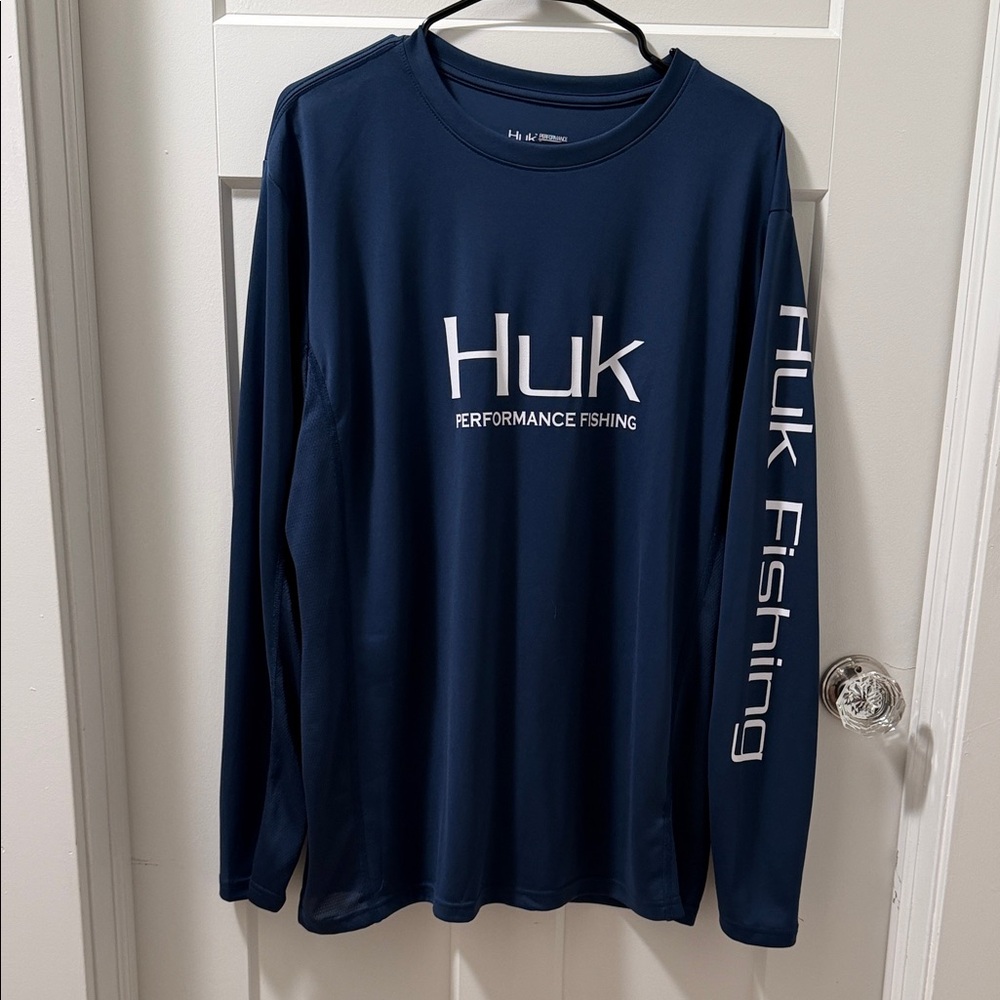 Huk Navy Long Sleeve Performance Fishing Shirt with White Logo